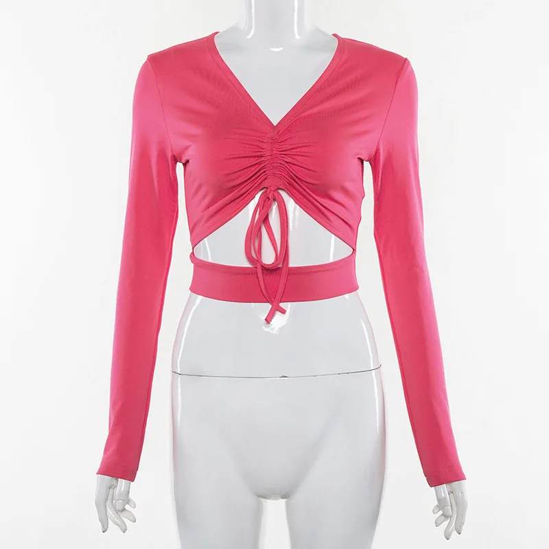 Сексуальный весенний укороченный топ с длинным рукавом и v-образным вырезом