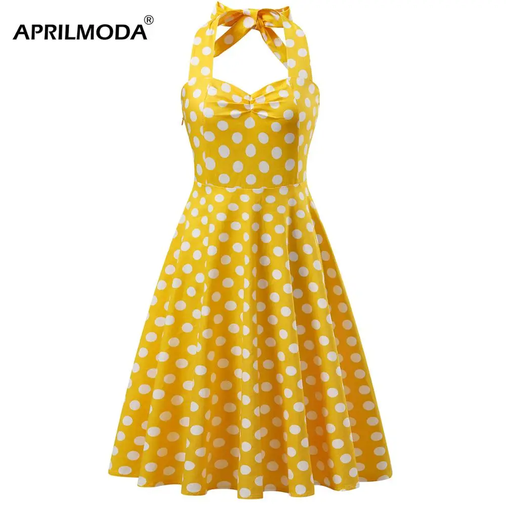 Женское летнее платье в горошек желтое стиле 50 х годов с лямкой на шее|Женские