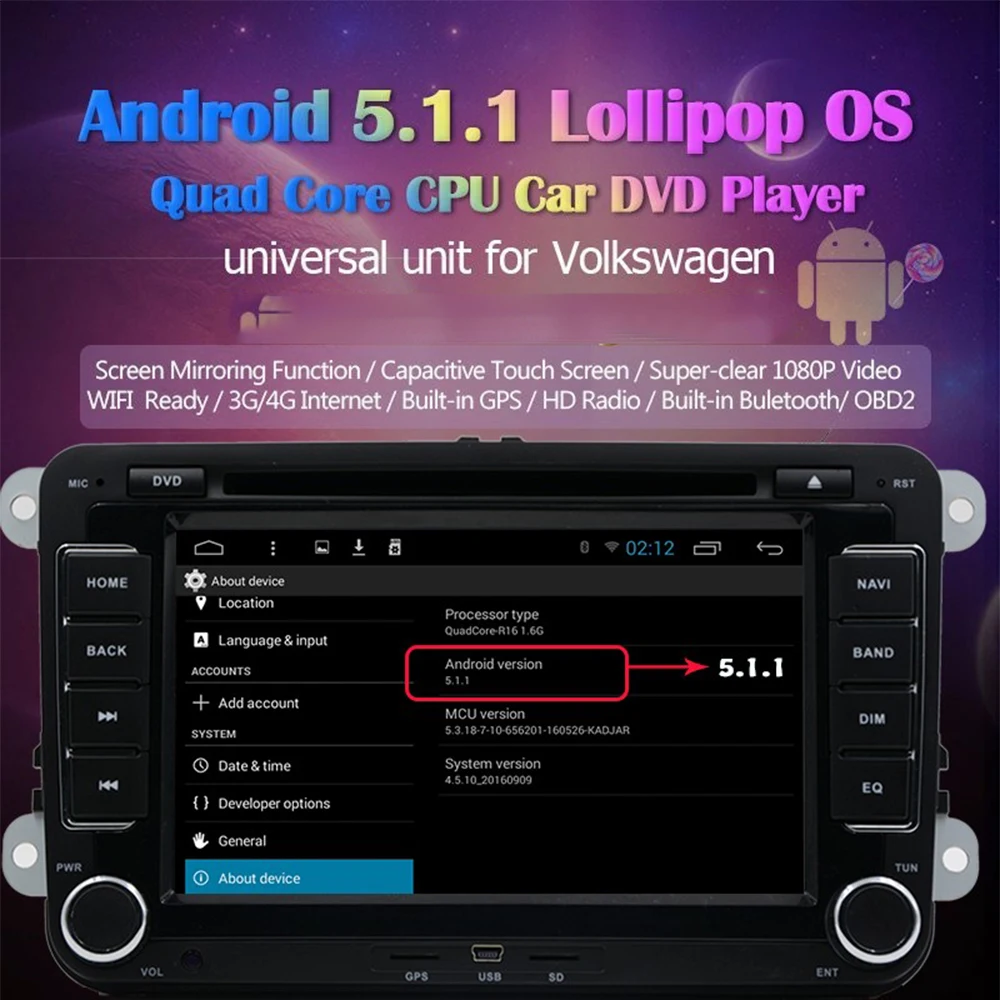 Автомобильный DVD плеер 2din 7 'Ɗ/8 Core Android 5.1.1 радио GPS SD и USB для VW Polo Jetta Tiguan B6 B5 cc Skoda