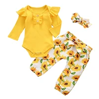 infant baby girl clothing set long sleeve yellow knitting romper sunflower floral pants headband 3pcs autumn newborn clothes