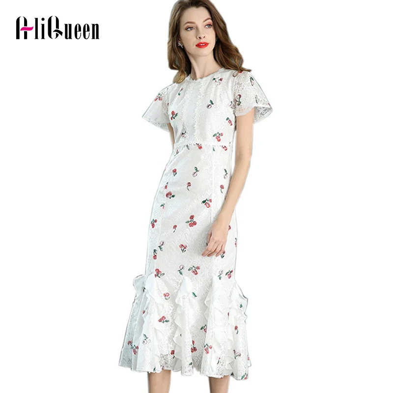 Модная одежда с принтом в виде вишен для подиума кружевное платье 2021 летнее