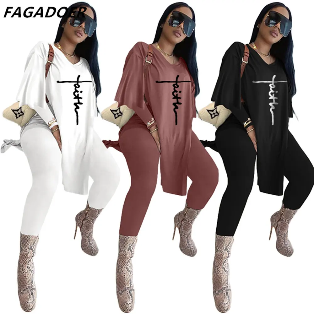 FAGADOER Autumn 2021 New Women Sets Casual 2PCS Outfits Ruffles Side Slit Long Top+Leggings Streetwear Matching Sets Tracksuits