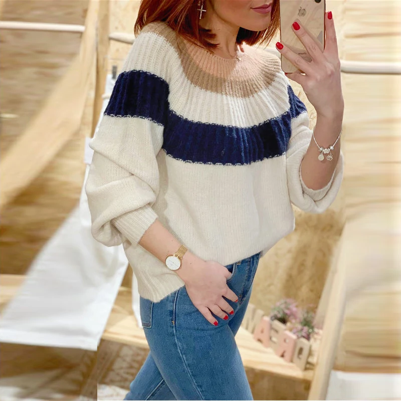 Длинные рукава с круглым вырезом для женщин свободные элегантные трикотажные в