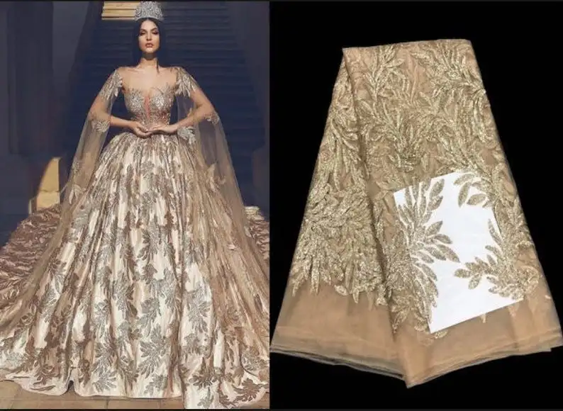 5 ярдов африканская кружевная ткань Великолепная блестками лист Тюлевая