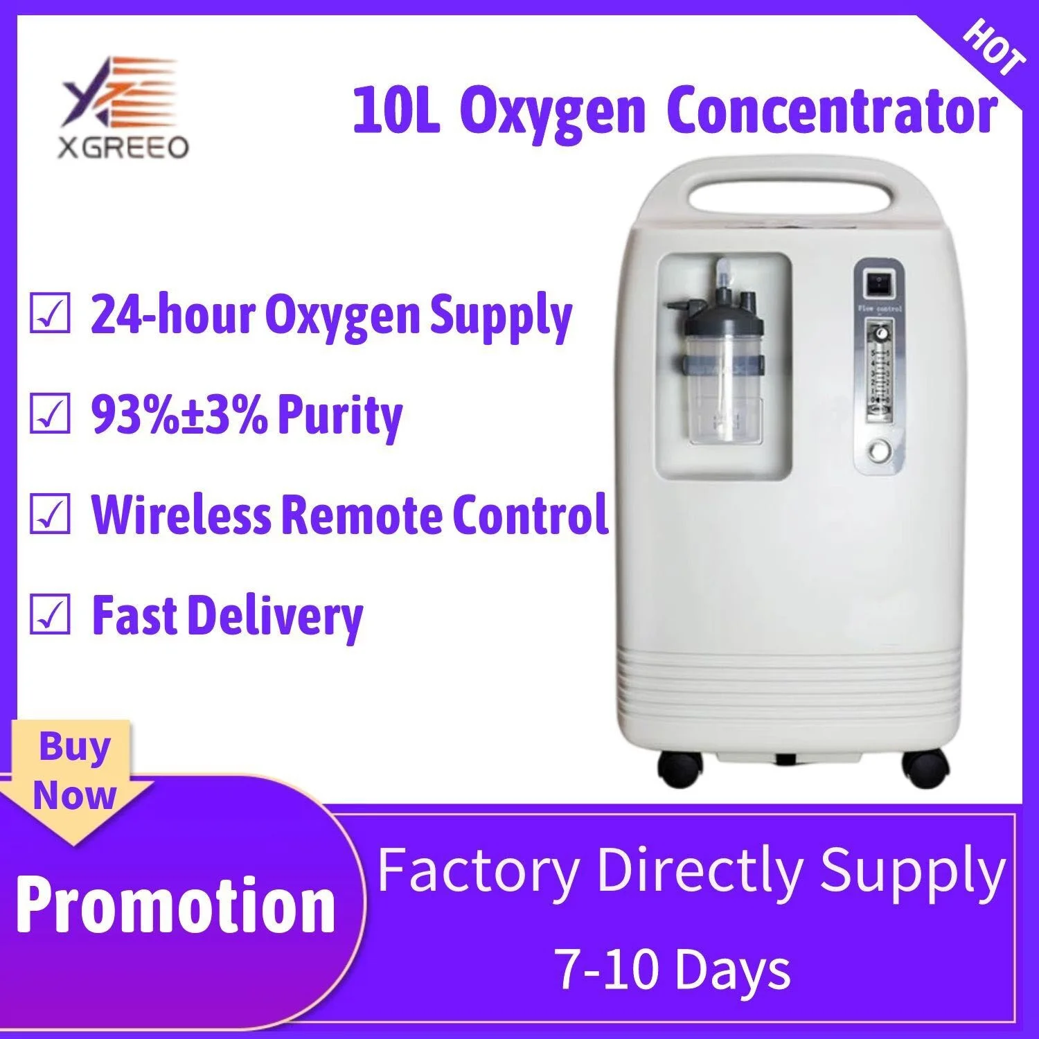 

XGREEO COX-10S Medical Grade Oxygen Concentrator 93% High Purity 10 Liters Oxygen Generator Remote Control Oxygen Machine