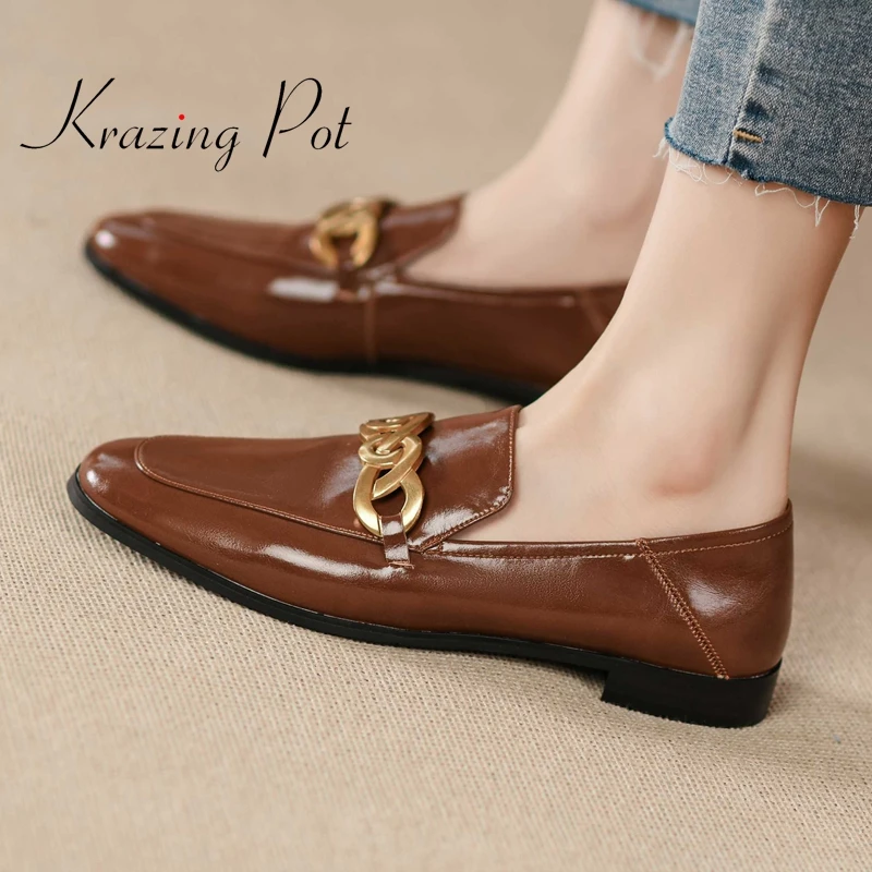 

krazing pot genuine leather round toe low heel metal decorations handmade high quality beauty lady streetwear women pumps L76