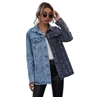 new spring vintage denim jacket casual turn down collar denim coat female stylish blue splicing black burrs coats mujer