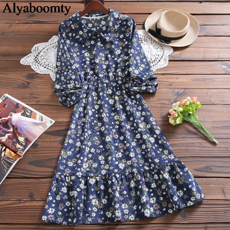 Женское вельветовое платье с высокой талией розовое темно-синее в японском стиле