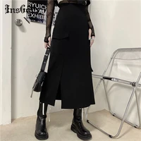 insgoth harajuku vintage black long skirt goth punk high waist slit skirts women streetwear big pocket outfits skirt autumn 2020