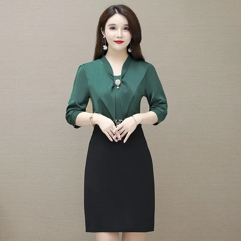 

Pocket Summer Dress 2021 New Fashion Temperament Slim Three Quarter Sleeves Mid-Long Splicing Dresses Female Butterfly Knot