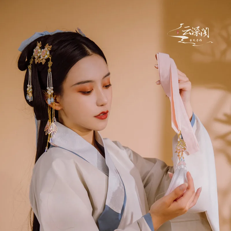

Antiquity Pink Lolita Hand-made Hanfu Ancient Style Pair of Hairpin Chinese Costume Pearl Tassel Step shake Headdress Hair Clip
