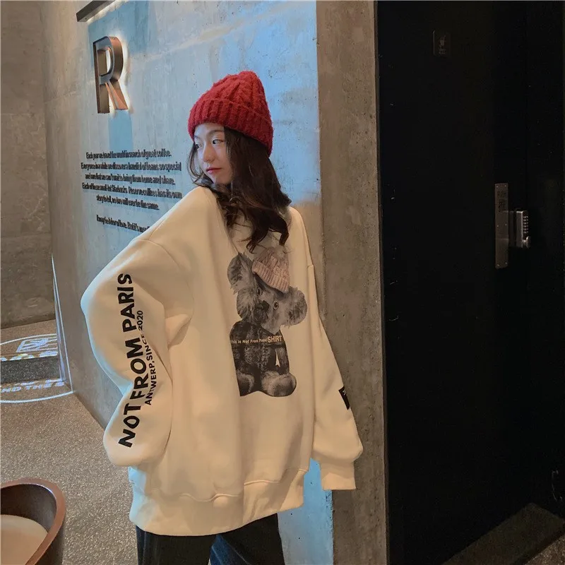 Bear Print Cute Oversized Sweatshirt Korean Loose Plus Velvet Long Sleeve Women Sweetshirts Pullover Womens Clothing Streetwear