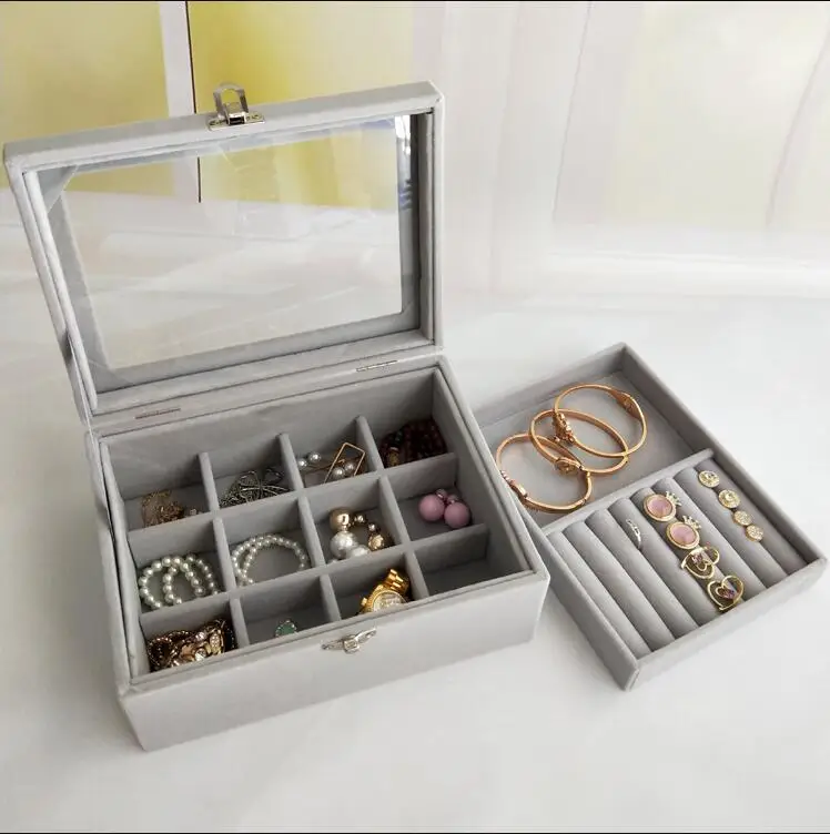 

Jewelry box ring earrings earrings hand jewelry European transparent flip dustproof fluffy small capacity jewelry storage box