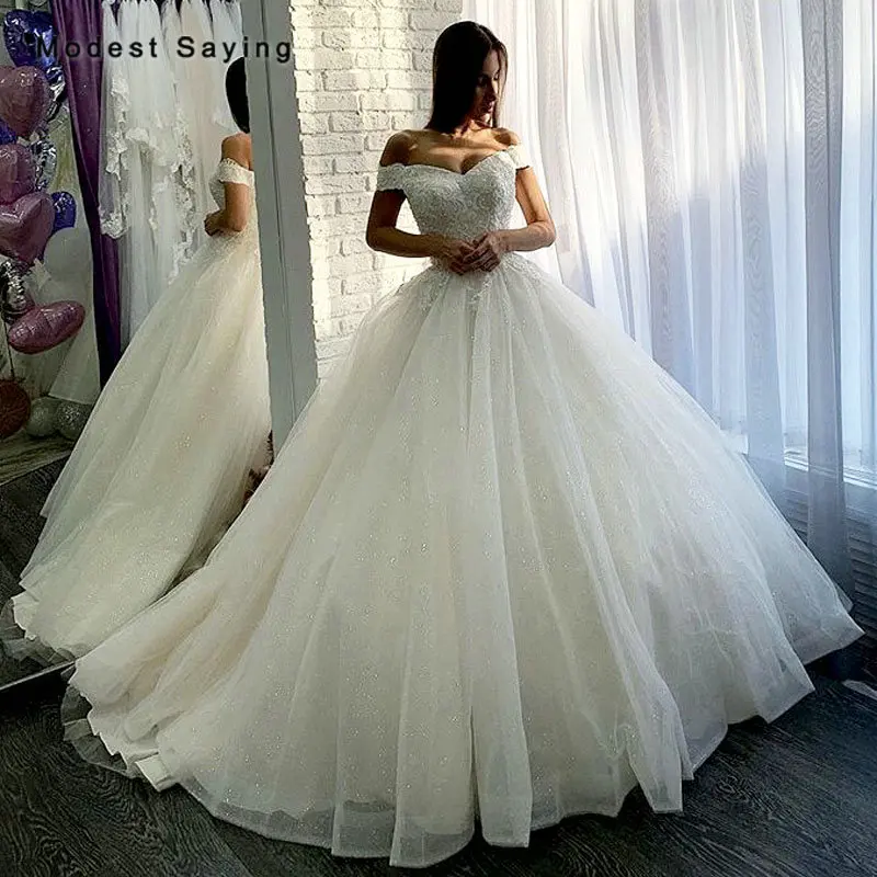 

Shiny Ivory Ball Gown Sweetheart Lace Wedding Dresses 2019 Formal Off the Shoulder Bridal Gowns vestido de noiva Custom Made