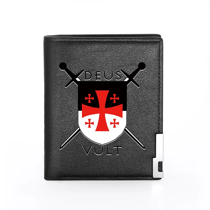 

High Quality Crusaders Deus Vult Men Women Leather Wallet Billfold Slim Credit Card/ID Holders Inserts Male Short Purses