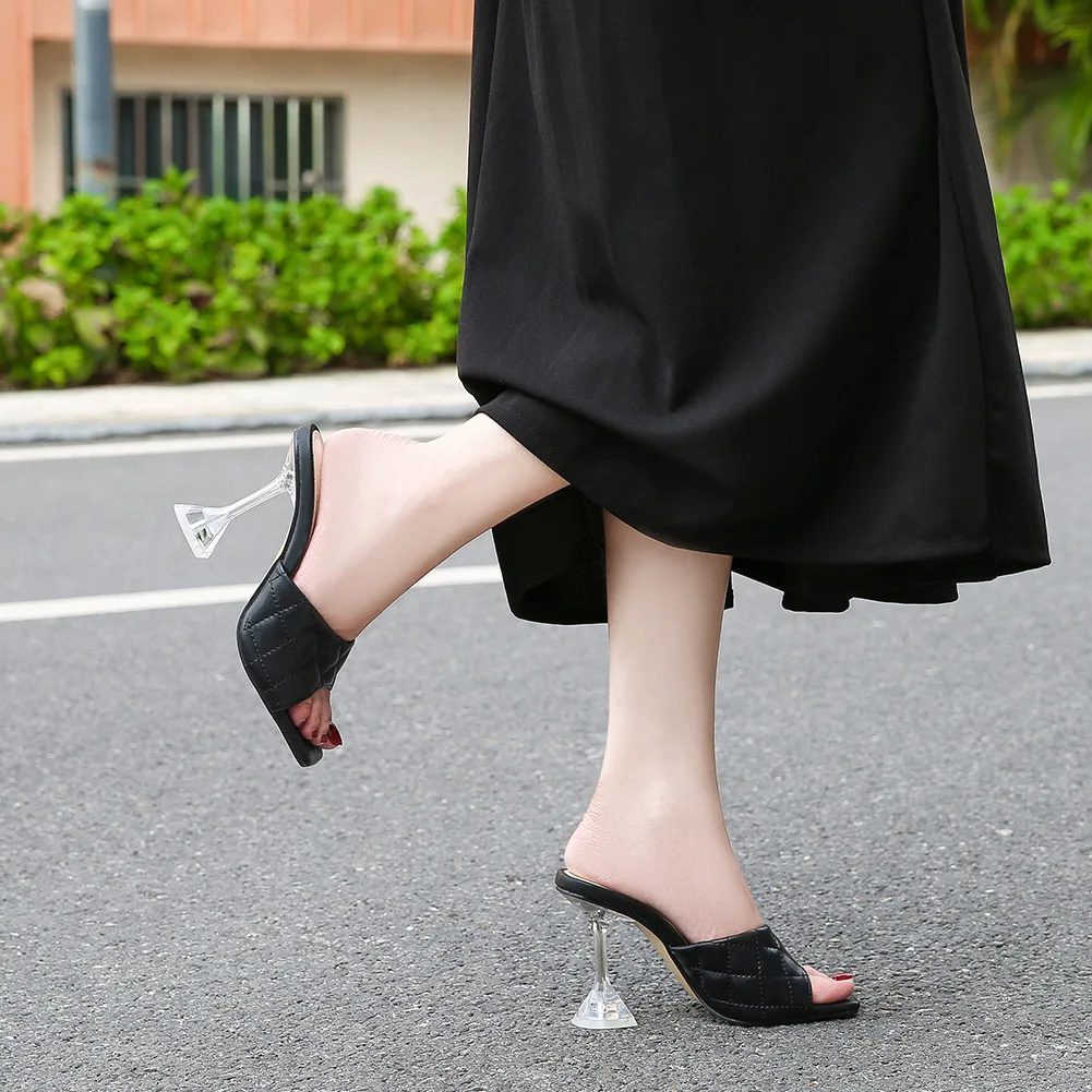 

Odinokov Mules Open Toe Heels Summer Sandals Stilettos 9cm Fur Heels Womens Sexy Fashion Party Shoes Nightclub Pump 35-46