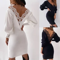 sexy women v neck bodycon dress autumn long sleeve backless lace patchwork dresses ladies knee length dresses clubwear