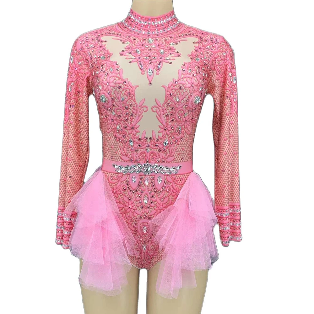 

Shining Rhinestones Lace Women Bodysuits Long Sleeve Tight Stretch Jumpsuits DJ Singer Dance Stage Wear Nightclub Costumes