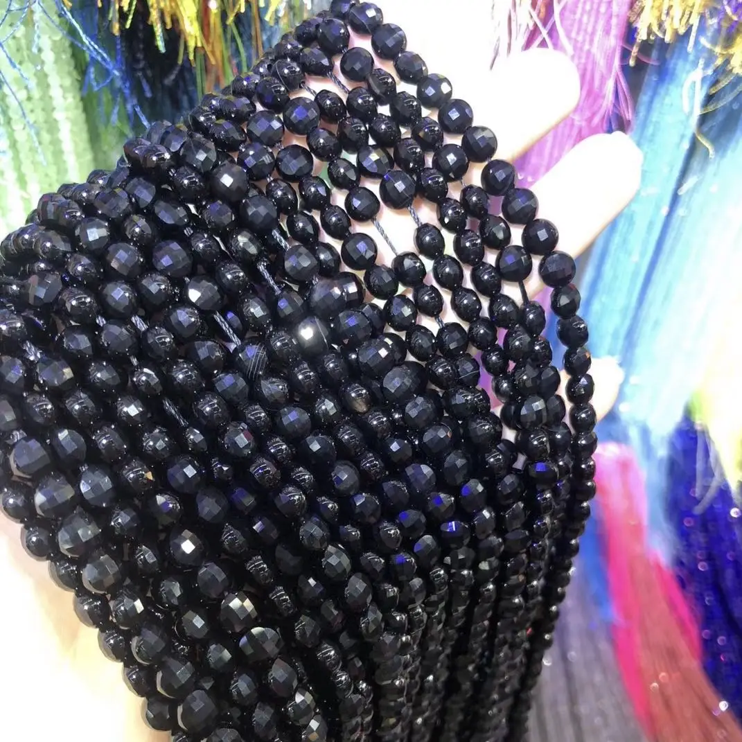 

Black Agates Oblate Faceted Natural Stone Beads Charm Making for Jewelry DIY Bracelet Necklace Accessories Size 6mm length 38cm