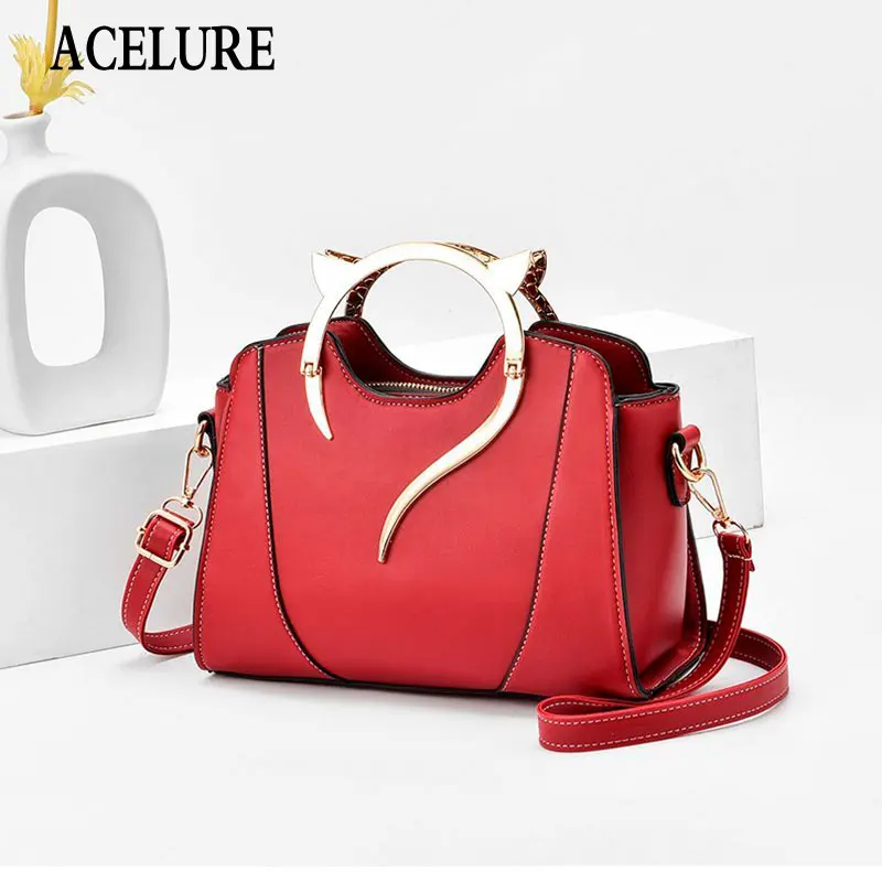 

ACELURE Creative Metal Handle Women Bag Handbagssatchels Solid PU Leather Fashion Shoulder Crossbody Bags Ladies Messenger Bags