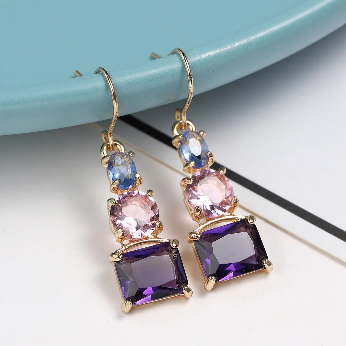 

Elegant Natural Gems Crystal Dangle Drop Earrings Geometry Cut Colourful Zircon Bridal Long Earring Charm Earrings Women Jewelry