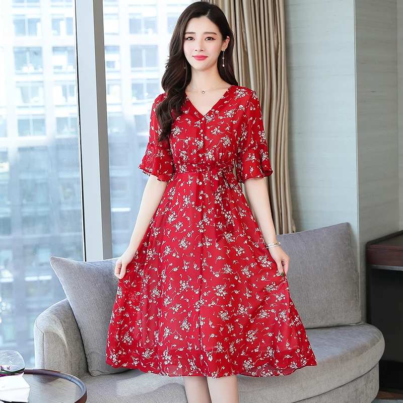 Шифоновое платье средней длины с цветочным принтом Летние Повседневные Вечерние