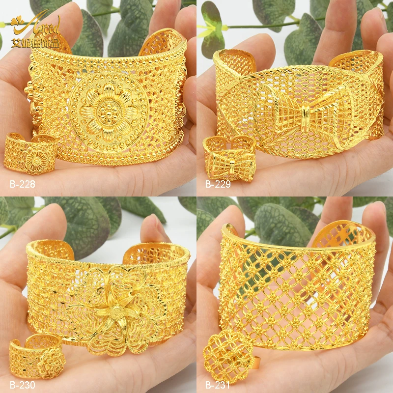 

ANIID Flower Gold Plated Bangle Dubai Africa Ethiopian Cuff Bangles With Ring For Women Nigerian Bridal Wedding Jewelry Gifts