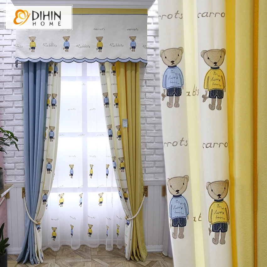 

Cartoon Kids Room Embroidered Bears Blue and Yellow Color Blackout Curtains For Living Room