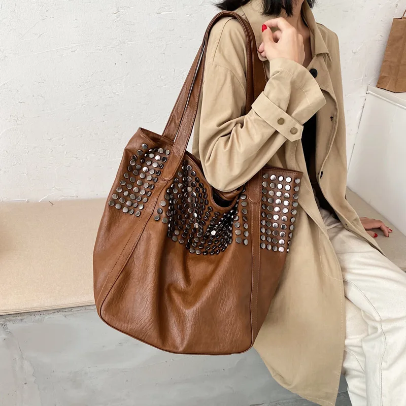 western style texture 2022 new women trendy fashion simple high sense large capacity rivet all match single shoulder bucket bag free global shipping