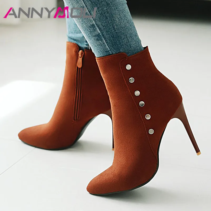 

ANNYMOLI/осенние ботильоны, женские ботинки, Заклепки Шпильки, короткие ботинки, обувь на молнии на очень высоком каблуке, женская зимняя обувь ...