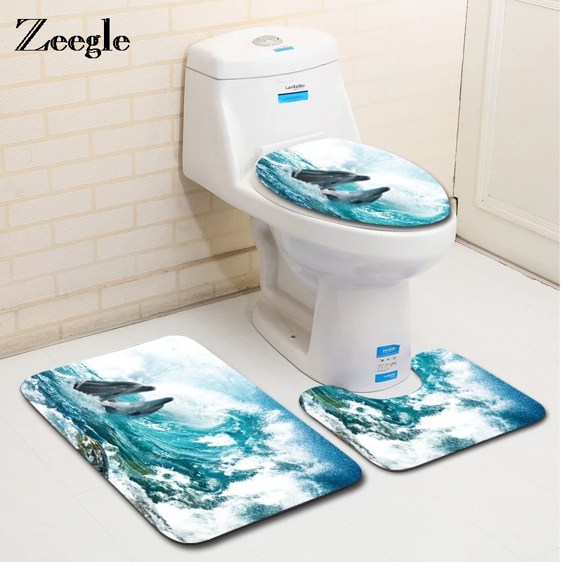 Zeegle 3D ковры для ванной с принтом рыбы 3 предмета Противоскользящий коврик в