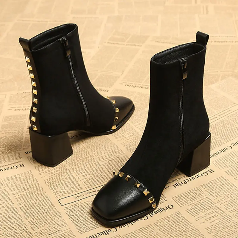 

2021autumn and Winter New Chunky Heel Suede Short Boots Women's Stretch All-Matching Rivets High Heel Martin Single Elegant