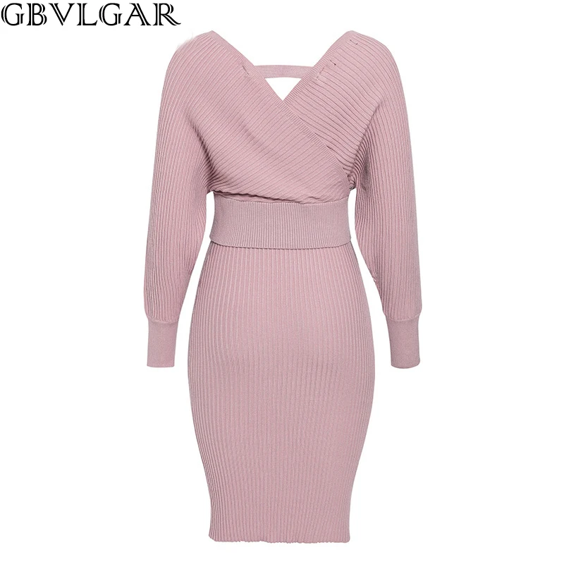 

Women Two Piece V Neck Knitted Top And Midi Dress Female Batwing Sleeve Sweater Dress Autumn Winter Ladies Bandage Midi Vestidos
