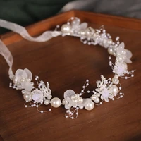 new wreath floral ribbon hairbands wedding hair accessories crystal pearl headband flower headpiece hair vine women hair jewelry