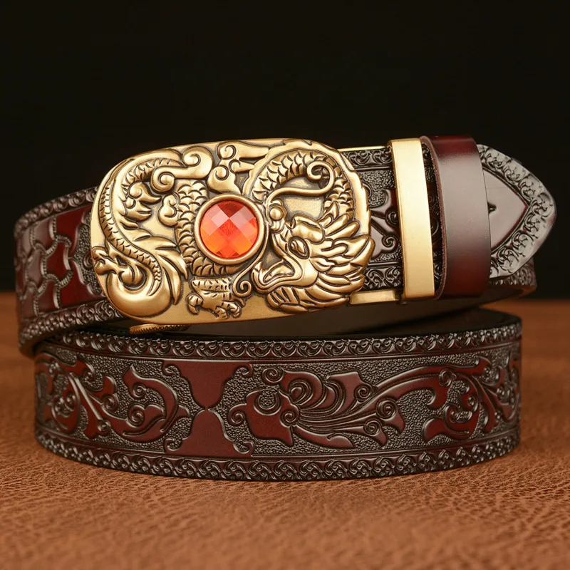 

New Ethnic Style Carved Belts For Men Cowhide Personality Designer Pearl Automatic Buckle Belt Fashion Gemstone Leather Belt