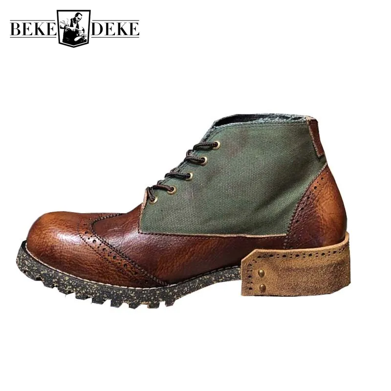

Vintage Mens Genuine Leather Work Safety Shoes Canvas Patchwork Motorcycle Ankle Boots Block Heels Lace Up High Top Riding Shoes