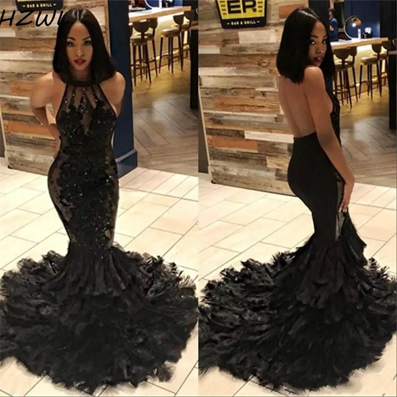 

African Mermaid Prom Dresses Long Halter Lace Applique Beaded Feather Layers black long dress Formal Party Evening Gowns Sexy