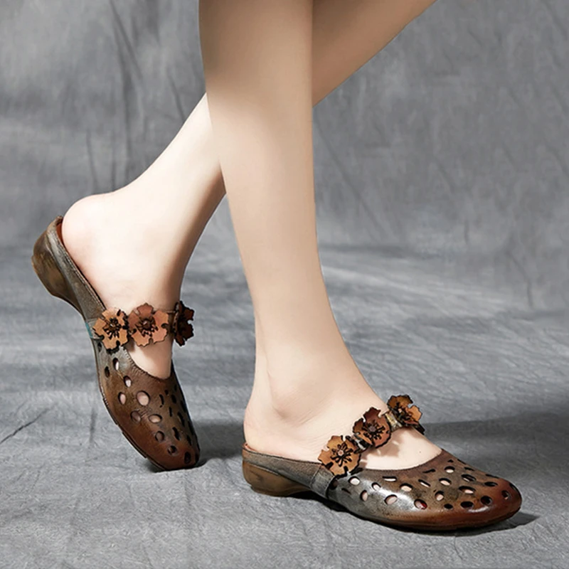 Женские сандалии в стиле ретро с цветочным принтом удобные ручной работы на