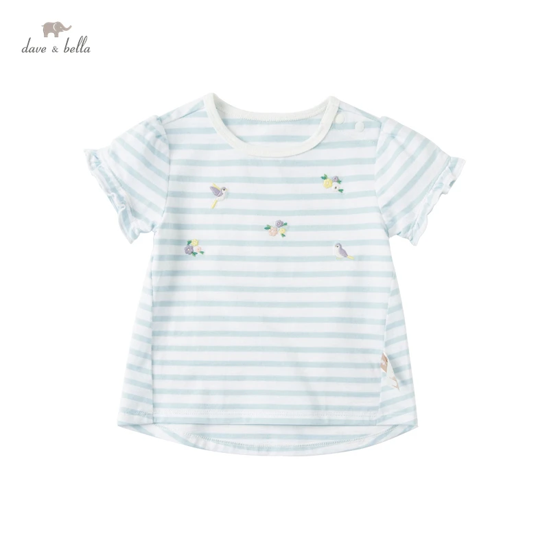 

DBZ17816 dave bella summer baby girls cute cartoon embroidery striped print T-shirt children tops girl kids fashion tees