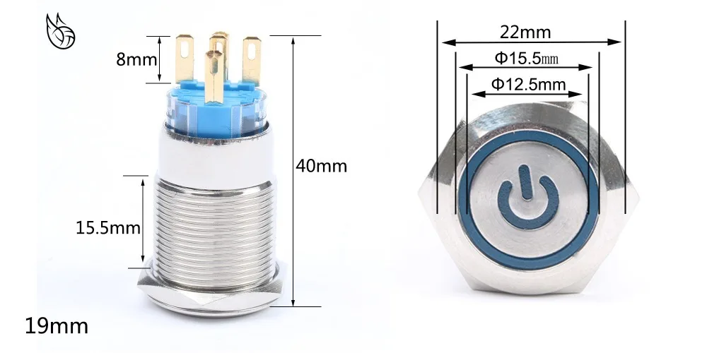 19 мм металлический знак питания латунный кнопочный переключатель Плоская