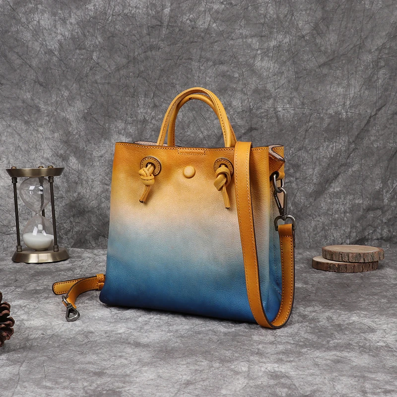 OLN 2021 New Vintage Bucket Bag Woman First Layer Hand Painted Cow Leather Female Handbag Retro Handmade Lady Tote Shopper Bags