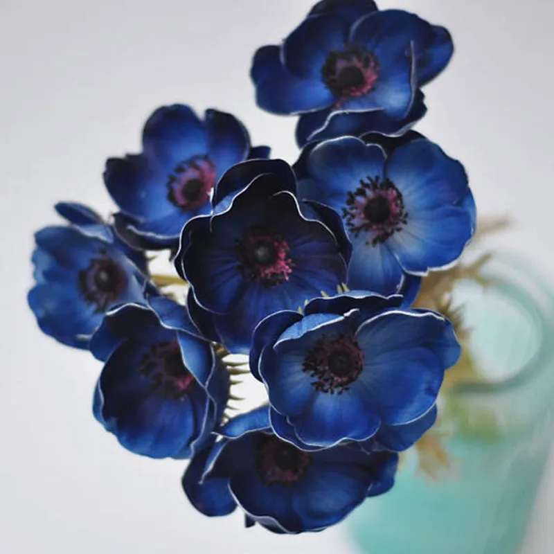 Натуральные Синие цветы Anemones одиночные стволы для шелковых свадебных букетов