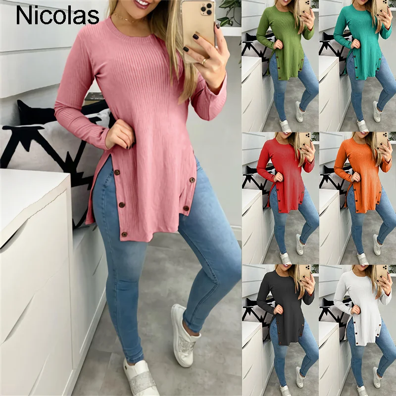 

2021 women's top pit strip solid color round neck slit button long sleeve T-shirt women