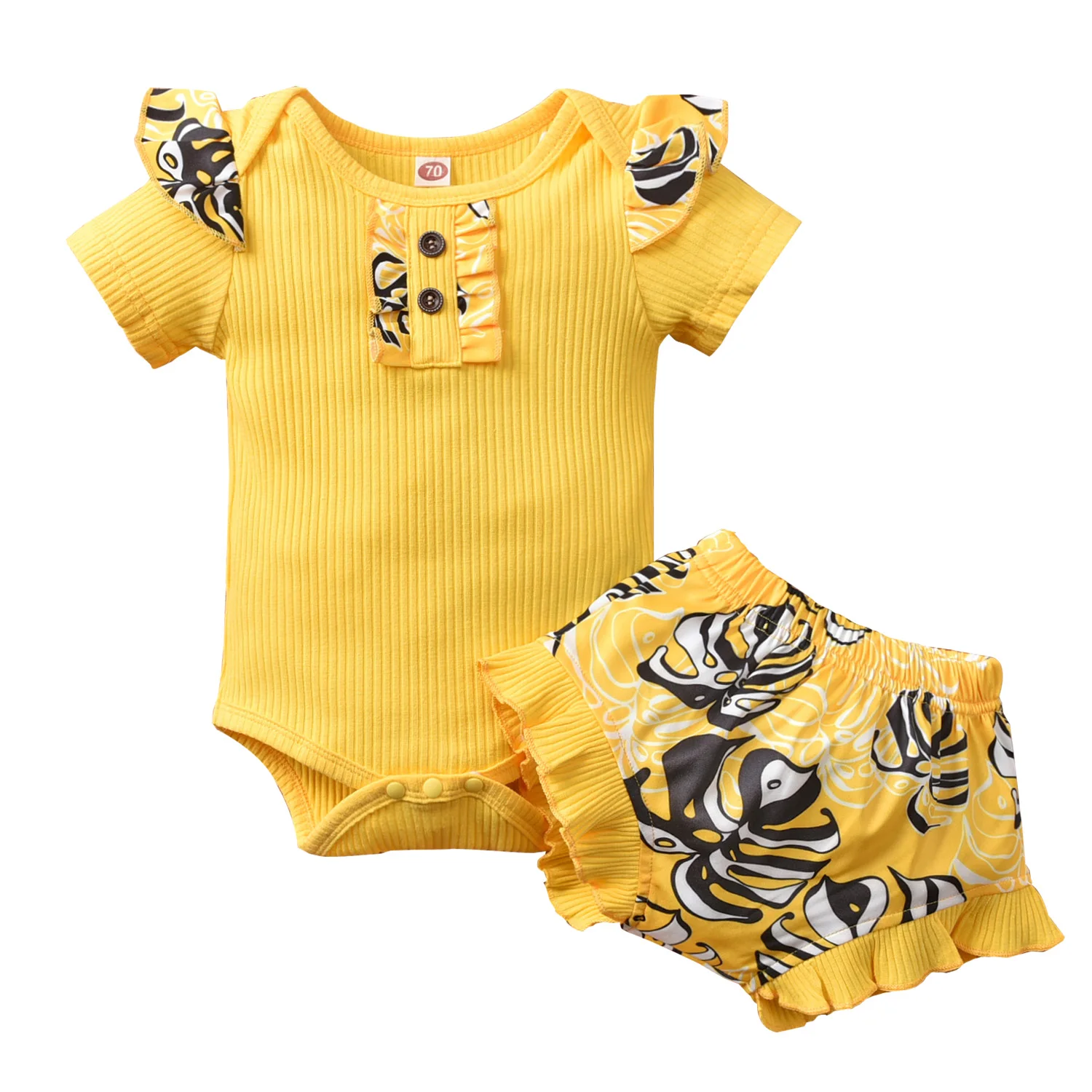 

OPPERIAYA 2Pcs Newborn Casual Summer Outfits Baby Girls Fly Sleeve Round Neck Button Ribbed Bodysuit Printed Ruffle Shorts