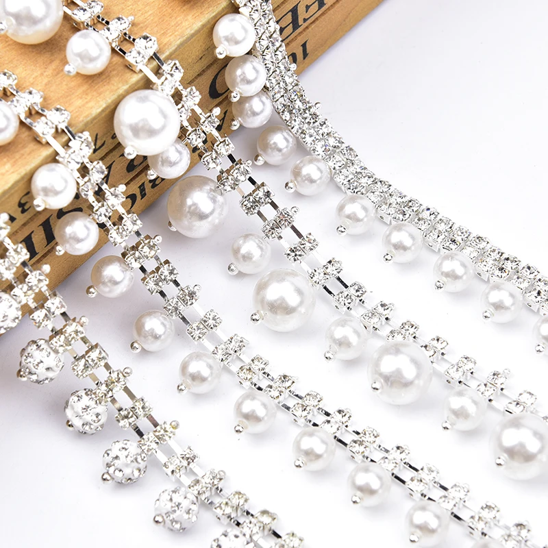 1 ярд белый жемчуг серебро Стразы цепи шириной 2 см Densen с украшением в виде