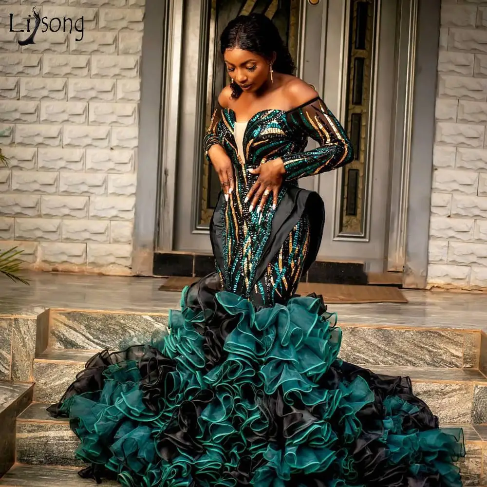 

African Emerald Green And Black Mermaid Prom Dresses 2020 Sparkle Long Prom Gowns Full Sleeves Ruffles Plus Size Party Dress