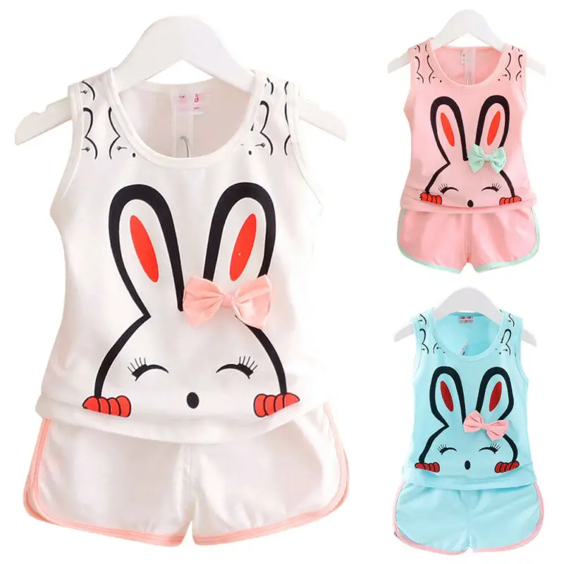 

Girls Summer Sling Set Baby Cute Rabbit Print Bow Decoration Round Neck Top Solid Casual Loose Shorts Fashion Two Piece Sets