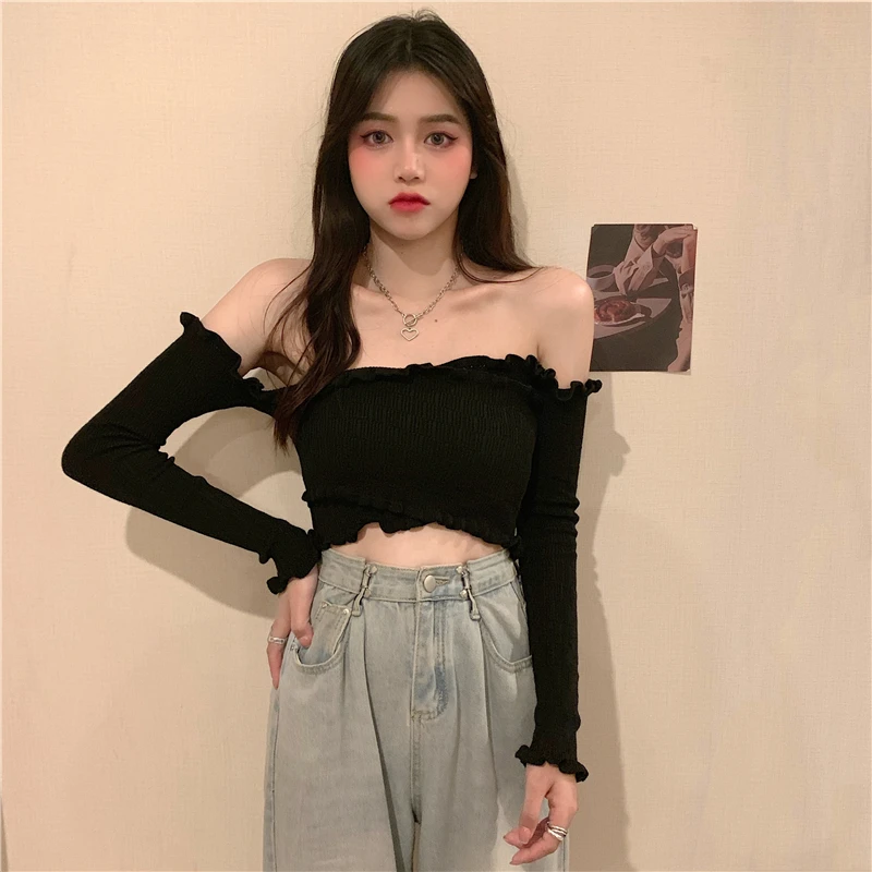 

Ruffles Sexy Club Slash Neck Crop Tops Slim Solid Off Shoulder Knitted Sweaters Women Clothing Korean Spring Autumn Pullovers