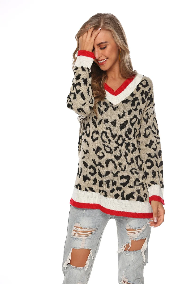 Fitshinling Leopard V Neck Sweater Autumn Winter Pullovers Knitwear Boho Casual Slim Jumper Sweaters For Women Clothing 2019 New | Женская