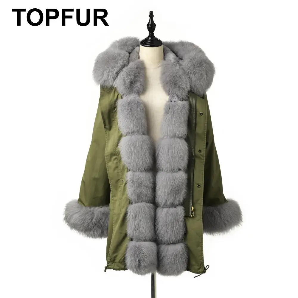 Женская Шуба из натурального меха TOPFUR зеленая парка с меховым капюшоном и